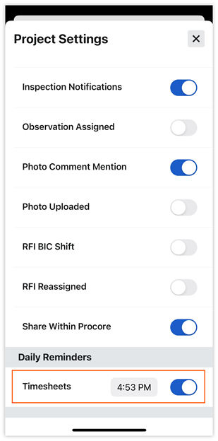 Timesheets notification on Project Settings screen iOS.png